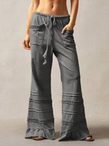 Bohemela 波西米亚风格纯色高腰喇叭腿针织裤，春夏 - 灰色 - 查看 5