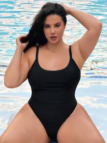 Slaysola Plus Size Solid Color Spaghetti Strap One-Piece Swimsuit, Vacation & Beach For Summer - Black - View 5