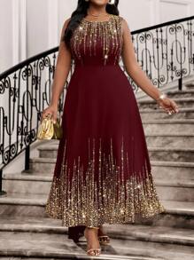 SHEIN Lady 2025 New Spring And Summer Burgundy Formal Dress For Women Legant Party Wedding Cocktail Part Concert/Music Festival Concert/Music Festival Knitted Round Neck Scoop Neck Flared Long Sleeveless Plus Size Dresses Burgundy Dress Wedding Guest Dress For Women Party Dress Elegant Party Dress Halloween Costumes - Burgundy - View 6