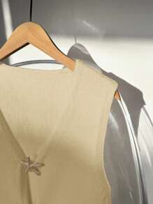 Chiquease 女士休闲日常深V领无袖海星装饰套头针织衫，适合大学穿着 - 杏色 - 查看 4