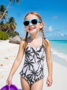 SHEIN 1 件女孩小女孩棕榈树印花细肩带连体泳衣，家庭装妈妈和我（4 件单独出售）