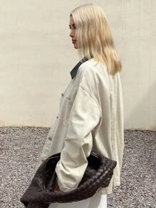 Livesso 女士宽松休闲夹克，面料拼接，秋季，牛仔夹克，秋季女装 - 卡其色 - 查看 4