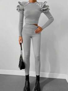 Ruffle Trim Ribbed Knit Sweater & Knit Pants - Light Grey - View 6