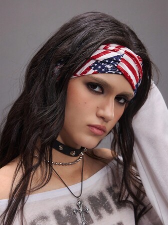 Kawaii 1pc Punk Style Red, Blue And White Colorblock Headband, With Pentagram Striped Pattern, Stylish Hair Accessories For Daily Wear