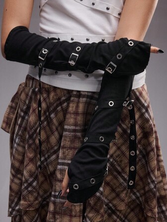 Grunge Punk Punk Style Black Patchwork Metal Eyelet Decor Half Finger Sun Protection Arm Sleeve, Streetwear Motorcycle Casual Fashion Unisex Suitable For Party, Social, Gathering, Vacation