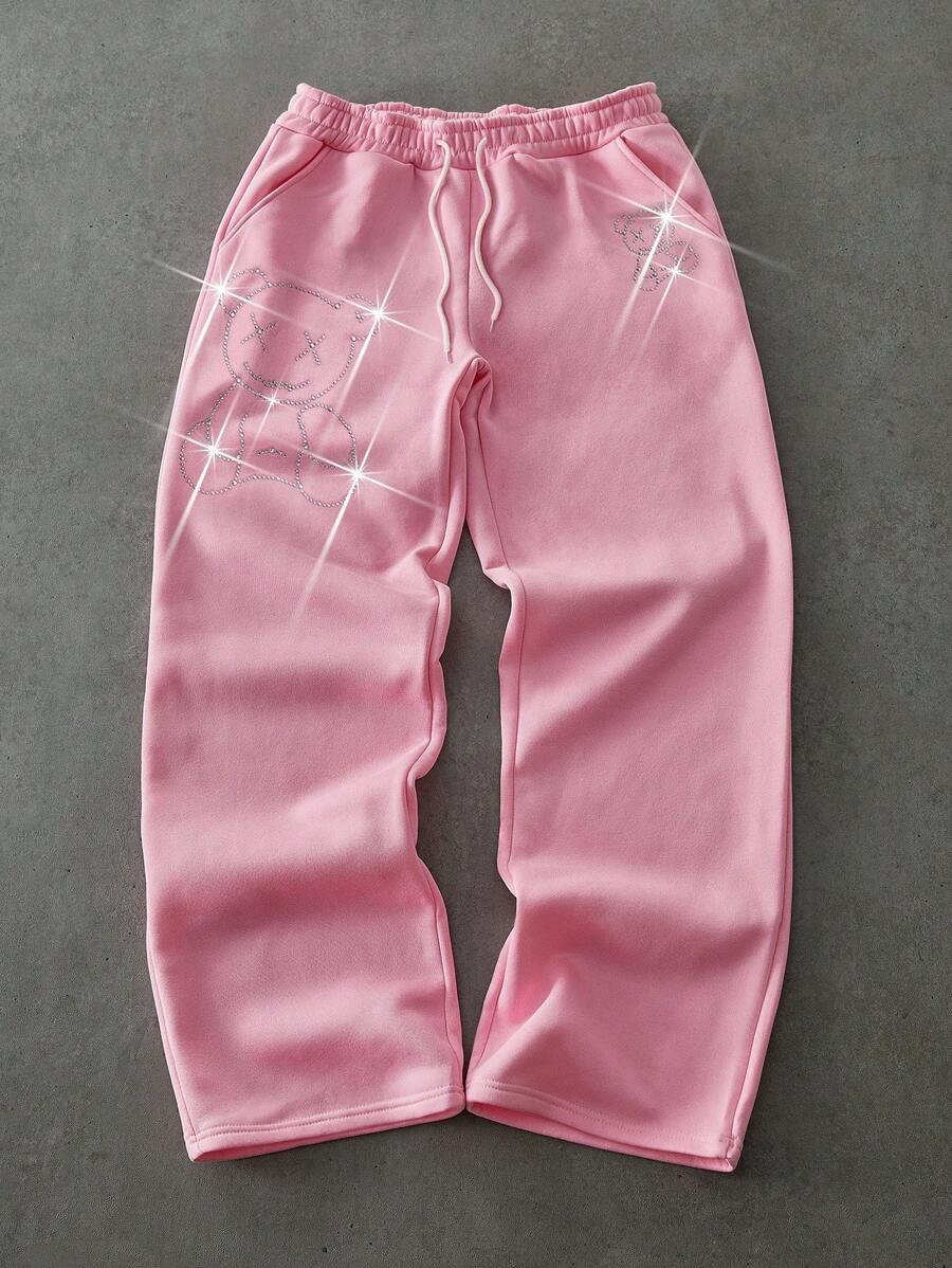 Manfinity EMRG Men's Pink Sweatpants With Bear Rhinestone Decor , Teddy Bear Sweatpants - Pink - View 1