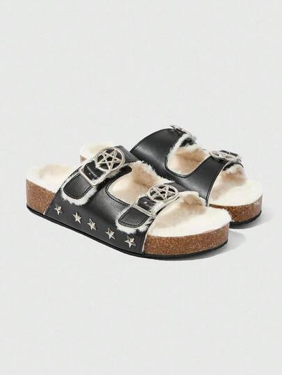 Grunge Punk Women's Dark Rock Punk Style Strap Sandals, Summer Vacation Slippers With Star Decor & Fluffy Fur, Wedge Platform