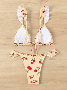 Swim Mod Women's Cherry Print Ruffled Sexy Bikini Swimsuit Set, Summer Beach - Multicolor - View 2