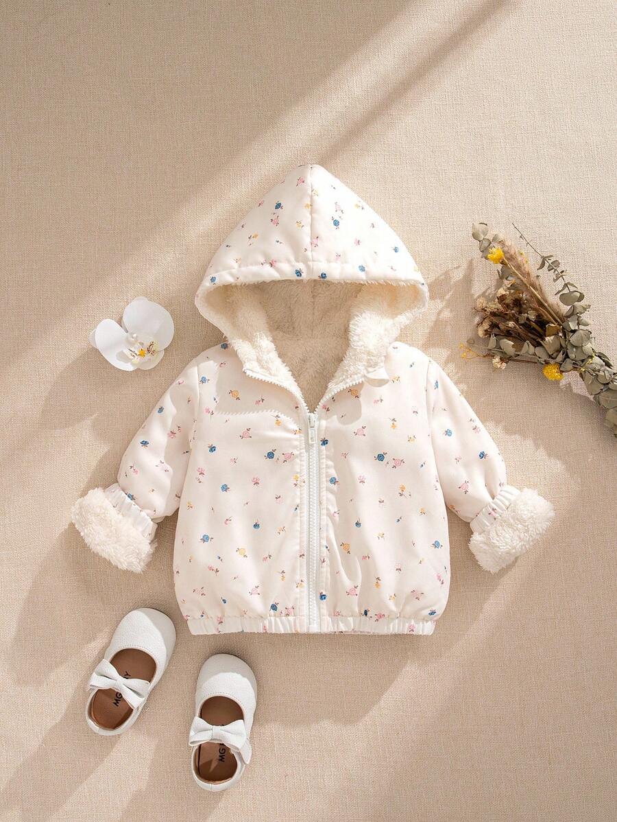 Souflis Souflis 1件女婴碎花连帽保暖外套，杏色，拉链前襟，罗纹袖口和下摆，秋冬季保暖时尚女婴外套，碎花连帽外套，秋季女婴外套