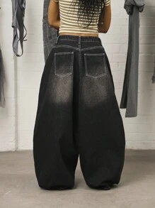 COUREZ 低腰宽松牛仔裤，浅蓝色水洗，街头休闲，Y2K风格，适合休闲、音乐节等场合，纯棉牛仔布 - 深灰色 - 查看 6