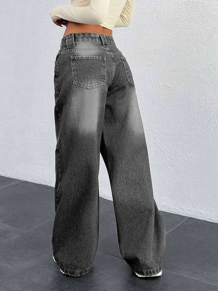 EURMUSE Casual Vintage Washed Low-Waist Straight Leg Jeans - Light Grey - View 2