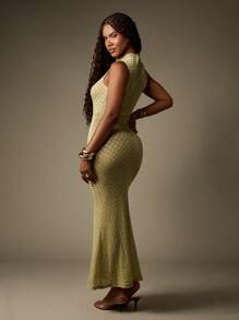 MISSGUIDED Rochie elegantă, tricotată, model sirenă, cu guler înalt, fără mâneci, model mireasă, elastică și mulaj - Verde - Vizualizare 2