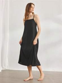 Ocili 女士简约天然亚麻舒适可调节肩带连衣裙家居服 - 黑色 - 查看 6