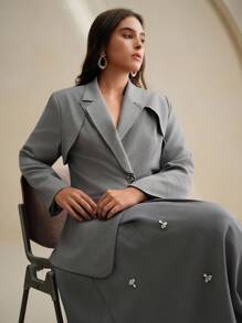 Anewsta 灰色优雅职业女士西装外套，收腰，长袖，独特设计，端庄 - 灰色 - 查看 7