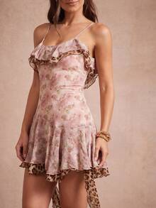 L'Amorae 女士玫瑰豹纹荷叶边混合材质雪纺印花迷你连衣裙 - 彩色 - 查看 5