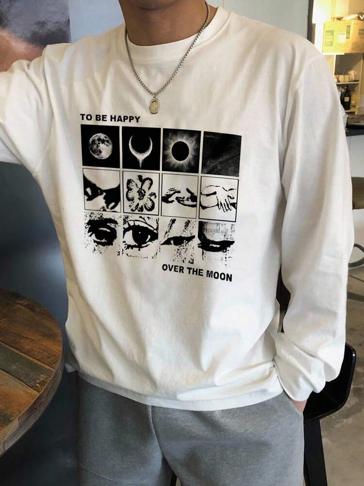 Abstract Letter Print White T-Shirt For Men, Autumn