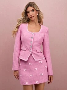 Enchnt 女士方领长袖单排扣时尚优雅夹克 - 粉色 - 查看 4