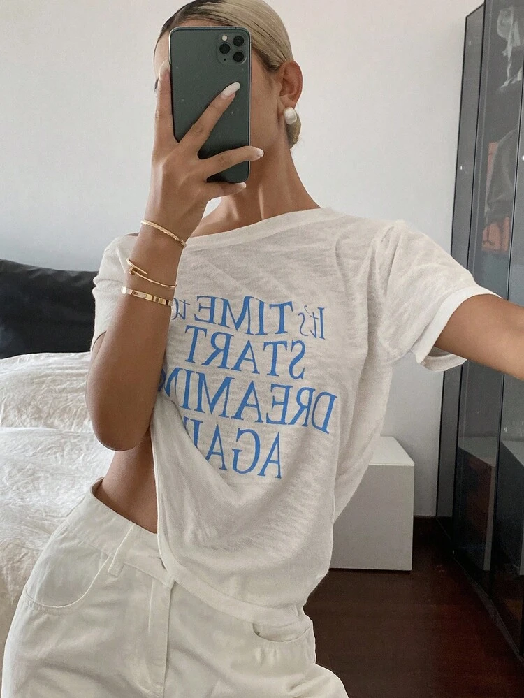 Letter Print Cropped Short Sleeve Off Shoulder Casual Knit Top For Women, Spring/Autumn Graphic Tee