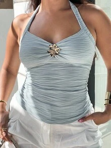 NegzBox Férias Tie Halter V-Neck Metalizado Flor Texturizada Malha Regata Ajustada Para Mulheres, Adequado Para Festivais De Música, Boêmio, Datas De Feriados, Chá Da Tarde - Azul - Ver 3