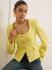 Chiquease 粗花呢面料，纽扣装饰，优雅修身腰部百搭通勤女式夹克 - 黃色 - 查看 5