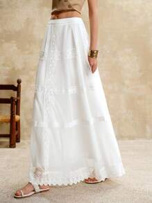 SHEIN LUNE Women's White Elegant Summer Chiffon Pleated Lace Maxi Skirt,Boho Flowy Wedding Guest Skirt,Holiday Resort Wear,Old Money Style Tea Party Nashville - White - View 7