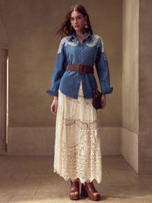 MOTF PREMIUM CONTRAST LACE BUTTON UP DENIM SHIRT - Blue - View 5