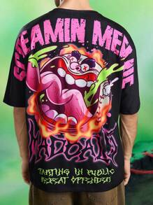 MADBALLS X SHEIN 男士字母及卡通图案圆领短袖T恤 - 黑色 - 查看 1