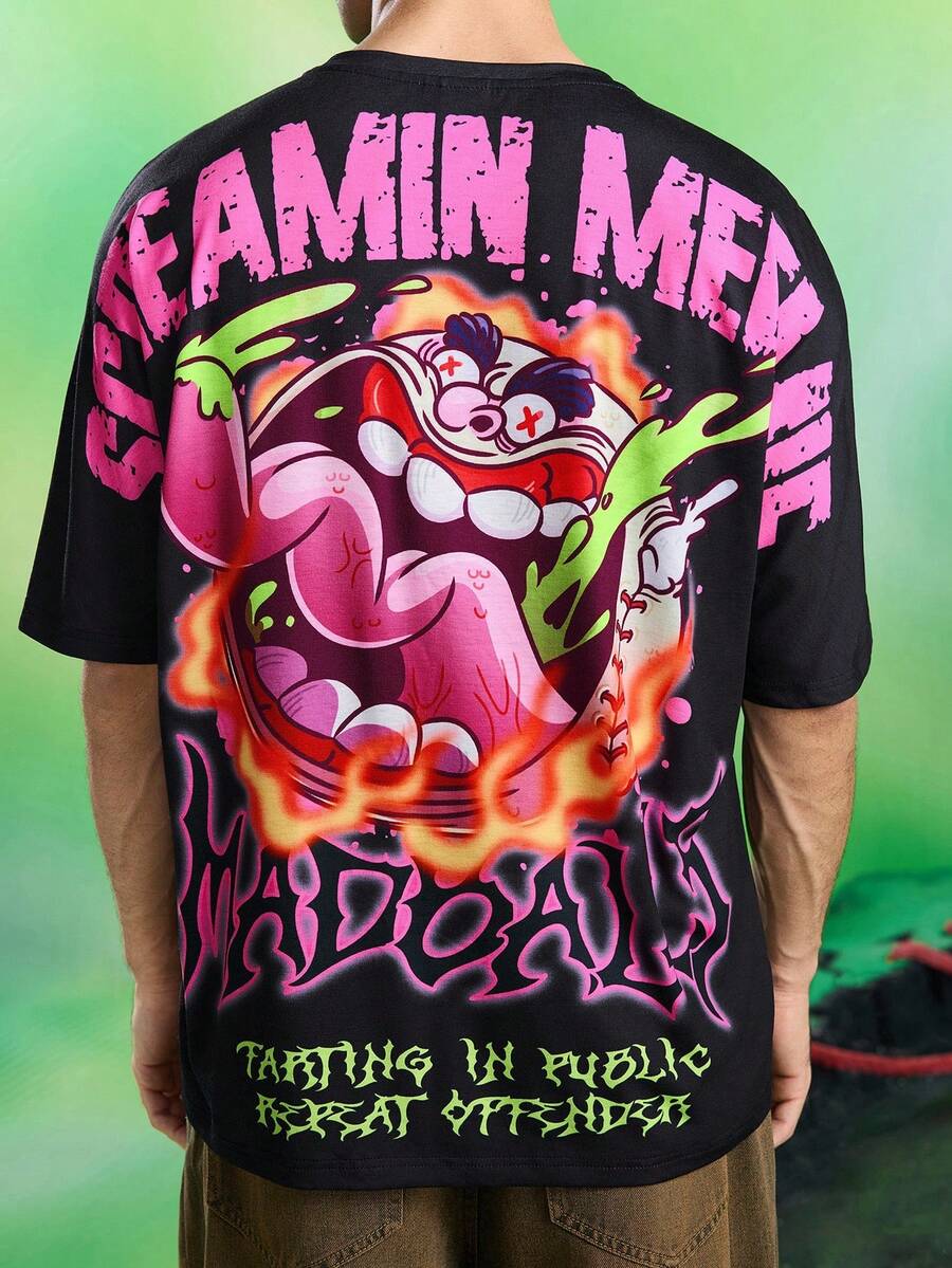 MADBALLS X SHEIN 男士字母及卡通图案圆领短袖T恤 - 黑色 - 查看 1