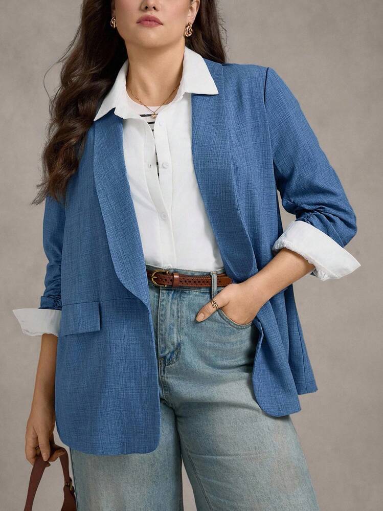 Zelara 大码休闲通勤纯色褶皱西装外套，秋季返校季复古富家女风，乡村斯德哥尔摩风格，适合办公室穿着，外出上衣，秋冬季返校季复古富家女风，图卢姆教师冬季外套，冬季返校季商务休闲女装 - 藍色 - 查看 3