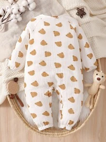SHEIN Baby Girls' Casual Raglan Sleeve Round Neck Cute Bear Print Jumpsuit, Autumn Newborn Baby Clothes Neutral Baby Clothes Baby Jumpsuit Bear Print Jumpsuit - White - View 2