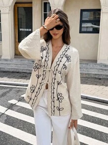 Serisse 女式花卉印花落肩长袖前系带休闲常规夹克 - 杏色 - 查看 1