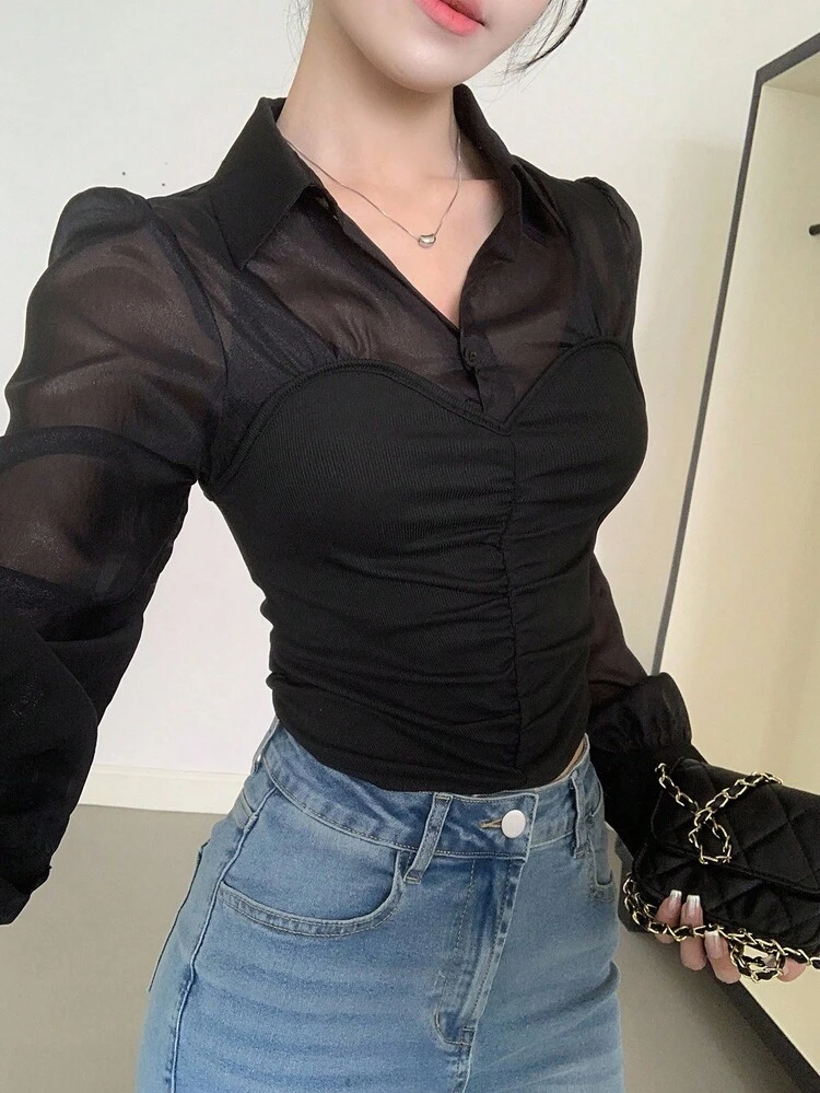 Women's Elegant Collared Long Sleeve Pullover Shirt With 2 In 1 Design