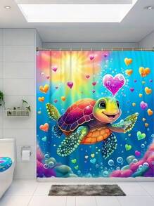 SHEIN 1Pc Vibrant Cartoon Heart Turtle Shower Curtain - Waterproof Bathroom Essentials , And Home Decor - Complete Bathroom Accessories For A Fun And Functional Space Home Bathroom Decor Summer