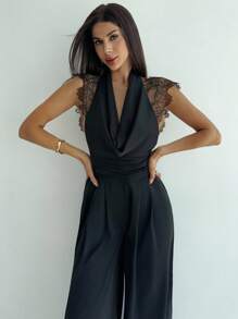 Firerie Women's Black Summer Elegant Laced Night Out Jumpsuit,Patchwork Plunging Neck Cinched Waist Wide Leg Jumpsuit, Wedding Party Date Outfit - Black - View 4