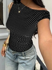 Sunnyshic Petite 白色和黑色波尔卡圆点不对称褶皱修身腰部衬衫，优雅休闲度假沙滩装，适合娇小女性夏季穿着 - 黑色 - 查看 3
