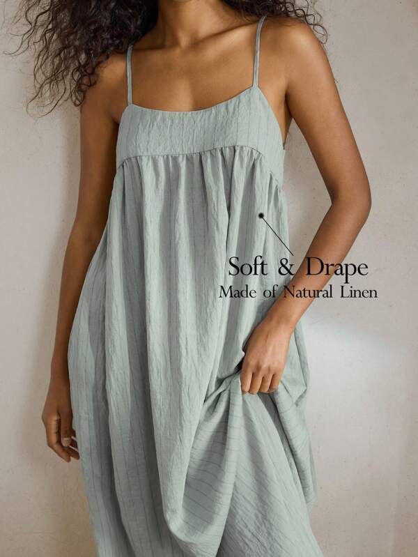 Ocili Leisure Women Natural Linen Striped Slip Dress, Comfortable Nightgown Home Dress