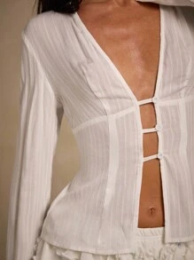 Glamine Blusa de mujer con cuello en V profundo, de moda y sexy, de unicolor - Blanco - Ver 7