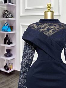 Modelyn 大码女式立领撞色蕾丝长袖开衩下摆优雅连衣裙 - 藏蓝色 - 查看 12