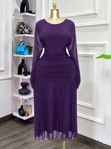 Modelyn Váy lưới xếp ly màu trơn thanh lịch cỡ lớn - Màu tím - Xem 6