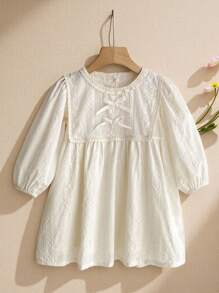 SHEIN L012 Spring & Autumn New Embroidered Round Neck Long Sleeve Simple Girls Dress - Apricot - View 6