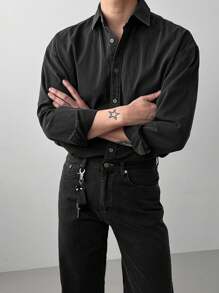 DAZY Men's Solid Black Denim Shirt Set, Autumn