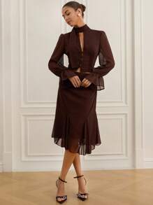 Aveloria Rosie 新款中国风镂空荷叶边长袖衬衫搭配透明领和丝带，夏季新款美式性感欧式优雅上衣+雪纺腰褶松紧腰直筒裙中长裙，适合音乐节、海滩度假、教师会所 - 棕色 - 查看 3