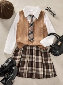 2 件套女童仿毛针织二合一领长袖衬衫和格子褶皱迷你裙休闲套装，适合外出、返校、学院风 - 卡其色 - 查看 3