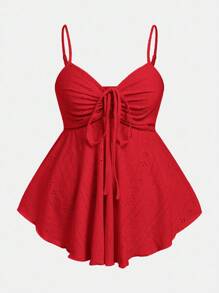 SHEIN EZwear Plus Size Women Drawstring Front Floral Embroidery Camisole Tank Top - Red - View 1