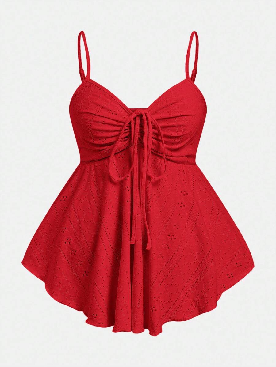 SHEIN EZwear Plus Size Women Drawstring Front Floral Embroidery Camisole Tank Top - Red - View 1