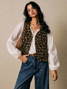 Poéselle 女式豹纹单排扣背心大衣