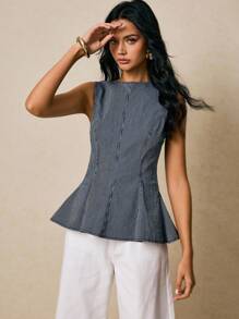 Poéselle Women Elegant Round Neck Peplum Sleeveless Denim Top - Dark Wash - View 7