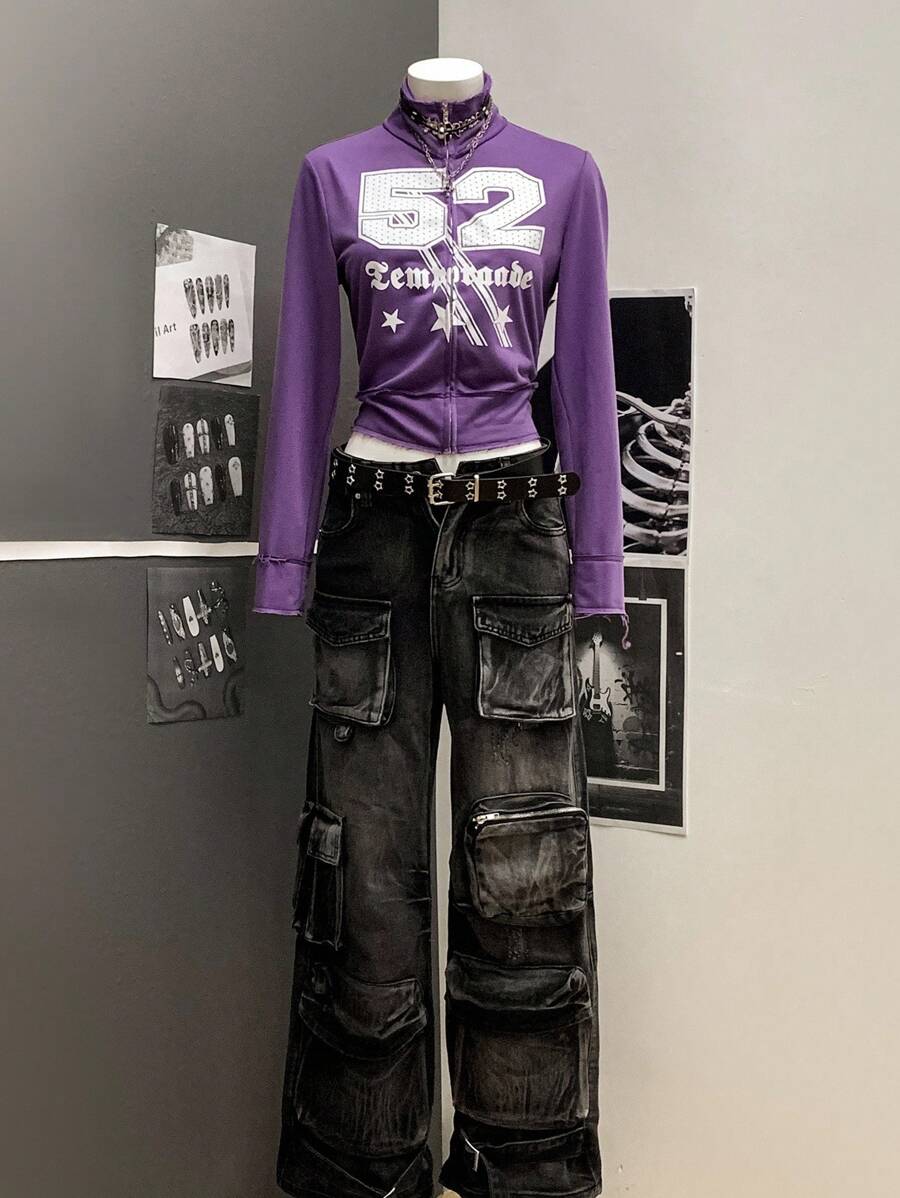 SHEIN Unity 休闲超大字母印花轻便夹克,春秋 - 紫色 - 查看 1