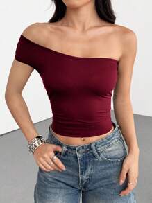 SHEIN EZwear 1 件女士勃艮第酒红色百搭修身上衣 - 酒紅色 - 查看 6