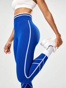 Seamluxe SHEIN Sport 1 pieza Pantalón básico de entrenamiento con diseño sin costuras y color de contraste que absorbe la humedad, para fitness y yoga - Azul - Ver 3